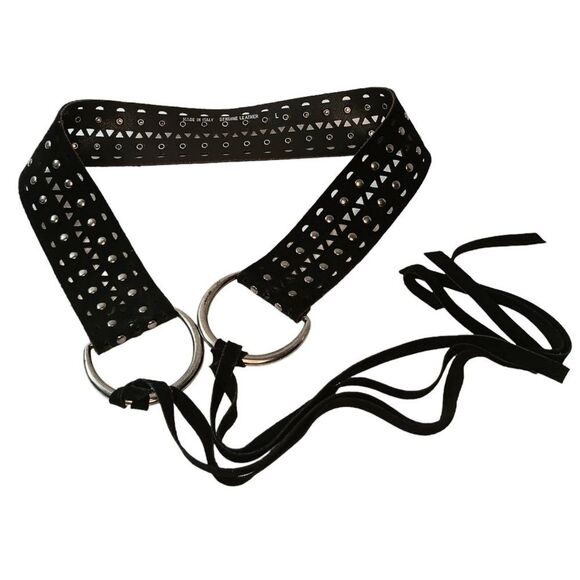 Vintage Accessories - SOLD - Black Leather Belt Cutouts Silver Studs Large Silver Rings Tassles Italy
